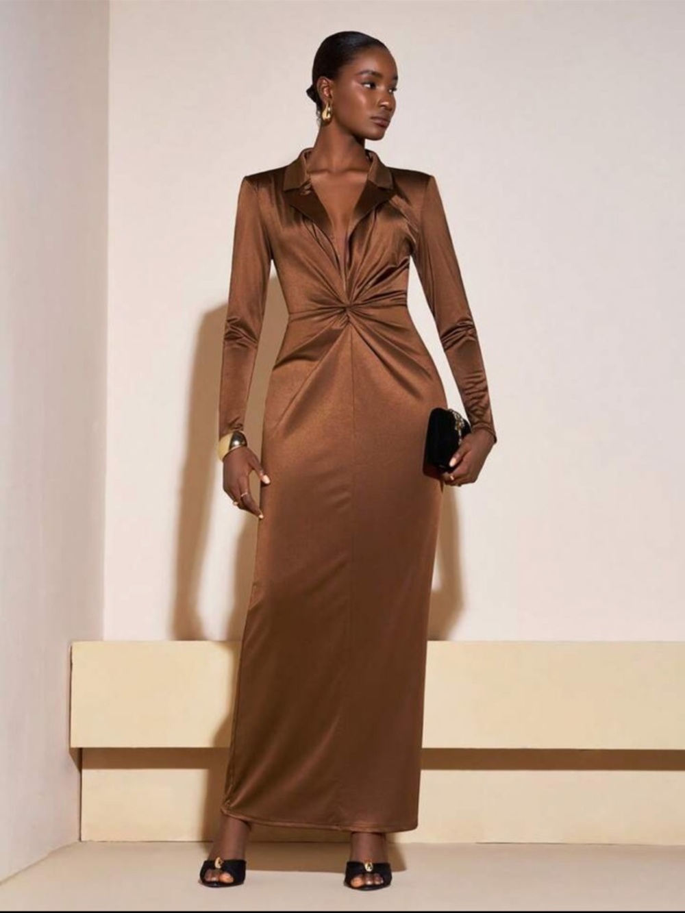 Twist-Front Satin Maxi Dress in Brown